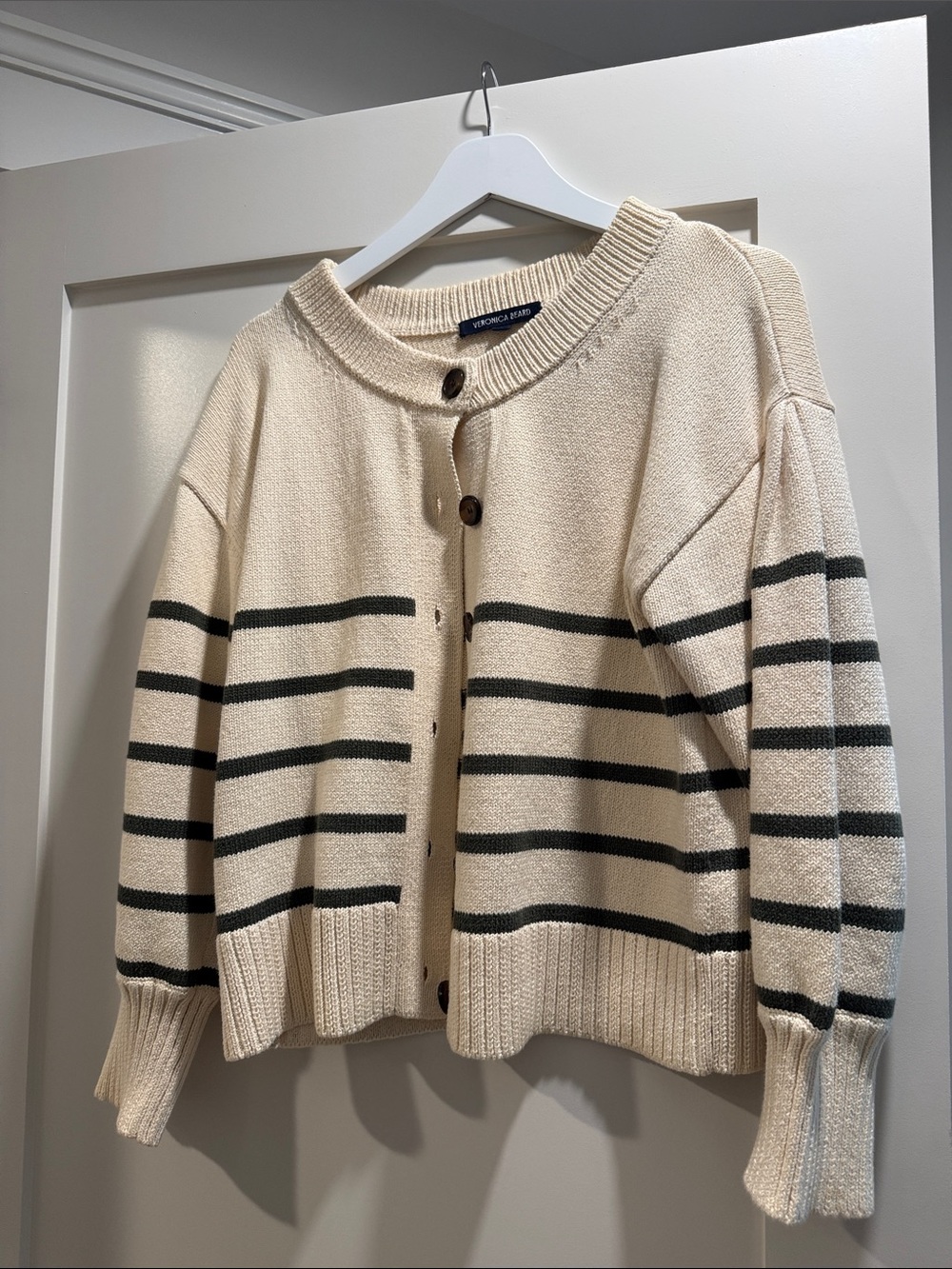 Veronica Beard Cream Cardigan with dark green Stripes